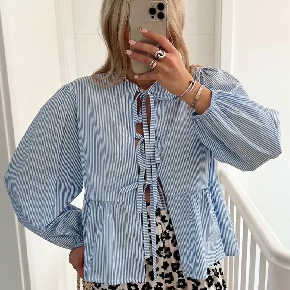 Summer Blouses For Women Dressy Casual Women Puff Short Sleeve Peplum Shirts Tie Front Ruffle Hem Blouse Blusa Elegante Feminina 250610