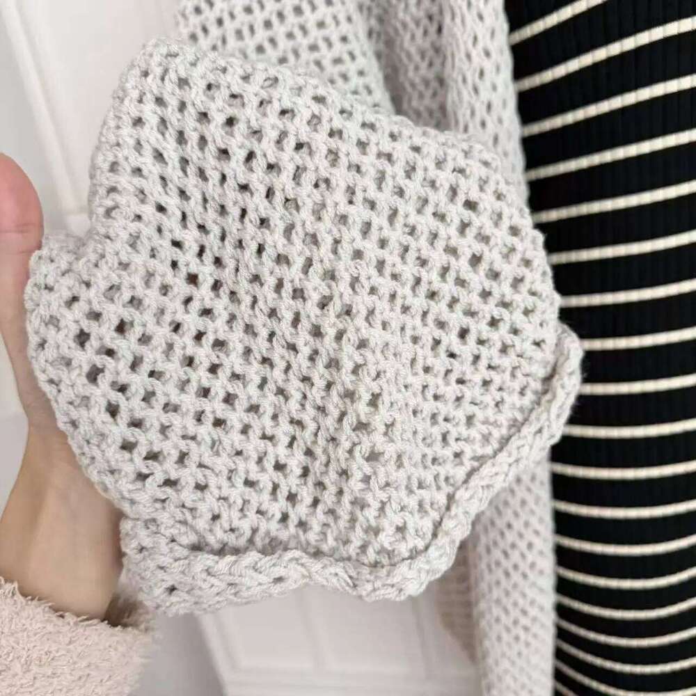 Hollow Lace-up Bathrobe Jacket Knitted Open Cardigan for Women Autumn Solid Fashion Sweater Coat Loose