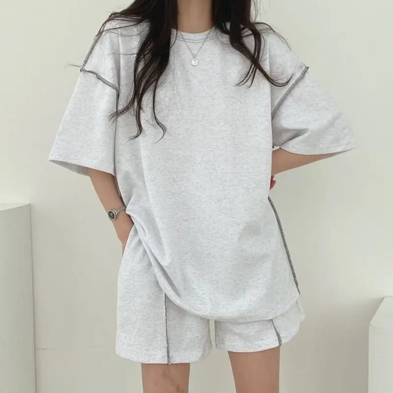 Woman Tracksuits Cotton Comfortable Solid Splicing Casual Sports Suits Summer 2025 Fashion Loose 2 Pieces Sets Sportswear 250609
