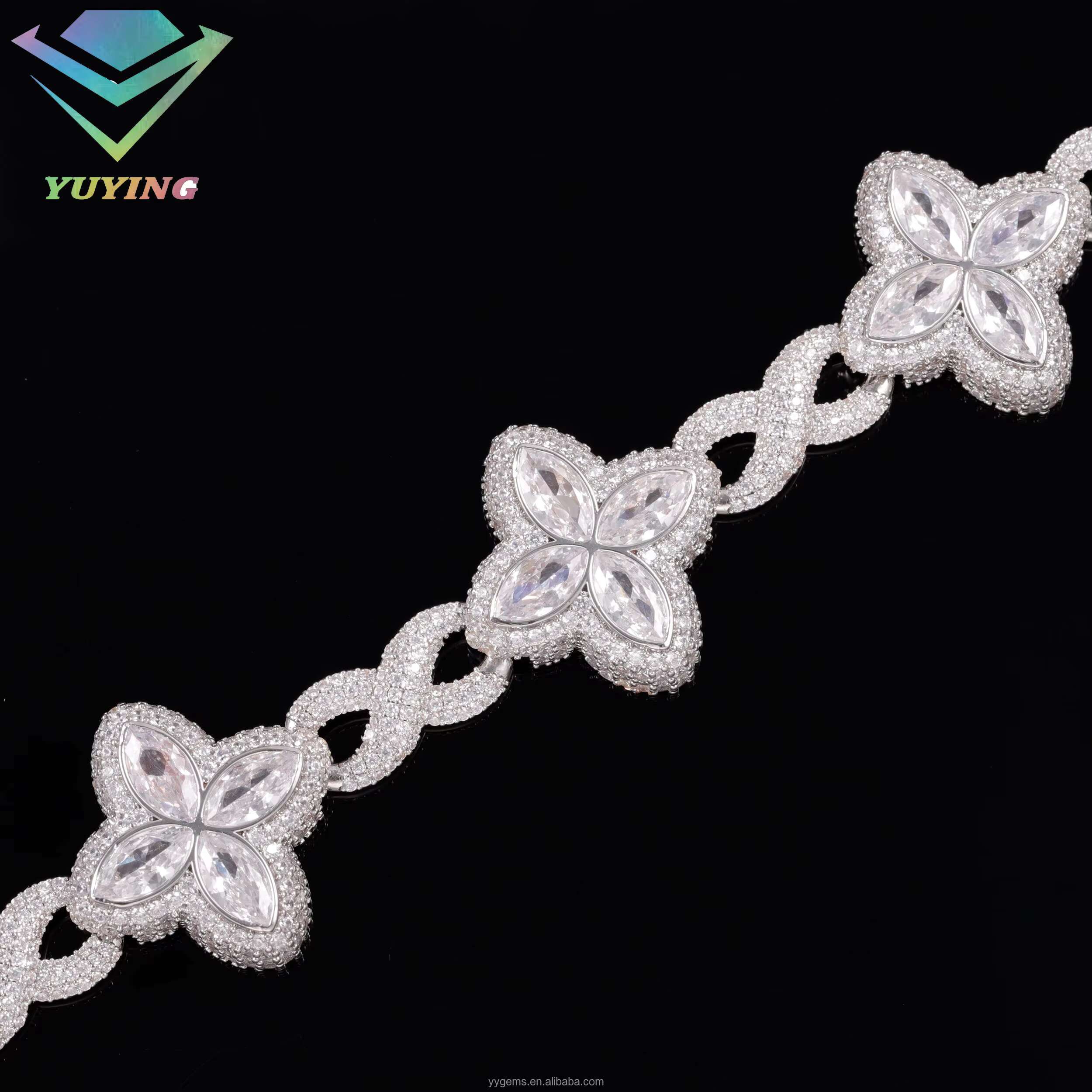 Popular Clover Bracelet Hip Hop Jewelry 925 Sterling Silver Gold Plated Men Bracelet Four Leaf Clover Moissanite Cuban Bracelet