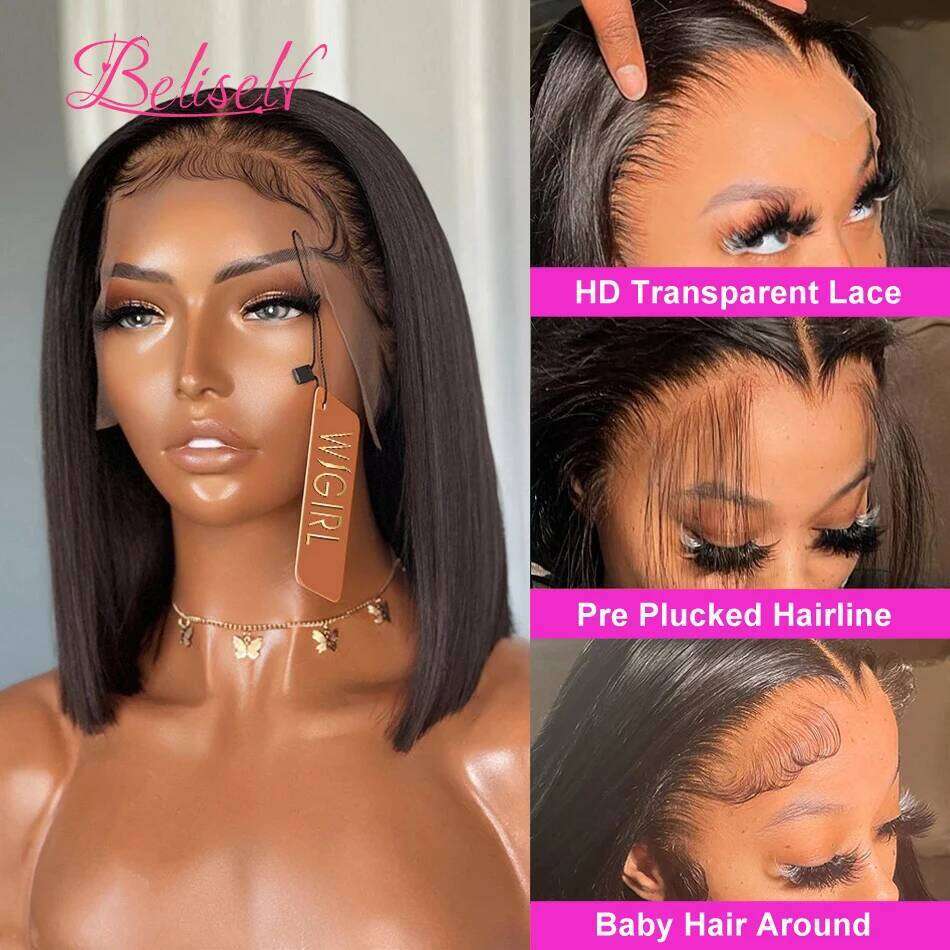 Short Human Hair 13x4 Frontal Brazilian Straight Bob 5x5 HD Lace Closure Wig 250 Density Beliself