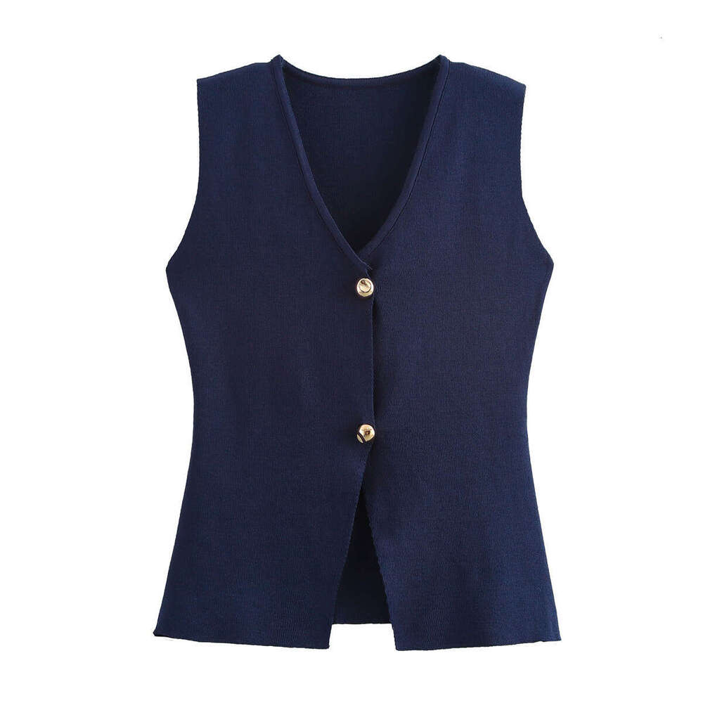 Autumn Women's Solid Color Slim Fit Gold Button Decor Knitted Vest Top B5
