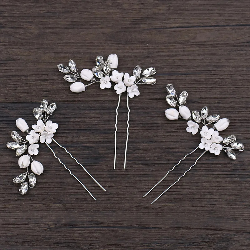 Exquisite Girls Hair Accessories Silver Rhinestone Clay Flower Headwear Wedding Bridal Hair Forks 250610