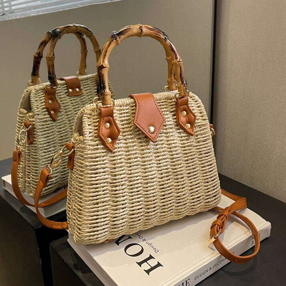 Summer Straw Basket For Women 2023 Bamboo Handle Rattan Handbags Beach Shoulder Crossbody Bag Travel Woven Bags Bohemia
