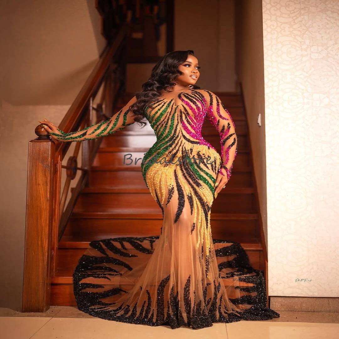 Stunning Colorful Sequin Prom Dress For Black Girls Aso Ebie Mermaid Evening Dress Long Sleeve Glamorous Formal Bespoke Occasion Birthday Dress 2025 R