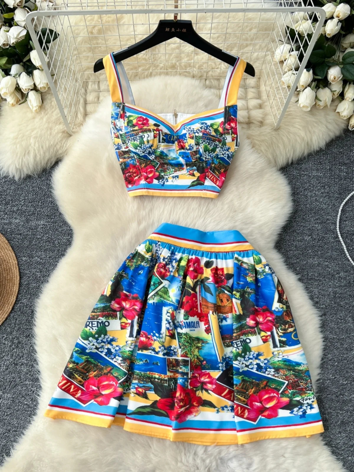 Fashion Summer Holiday Sexy Crop Tops And Mini Short Skirts 2pcs Outfits Womens Flower Print Two Piece Sets 250610