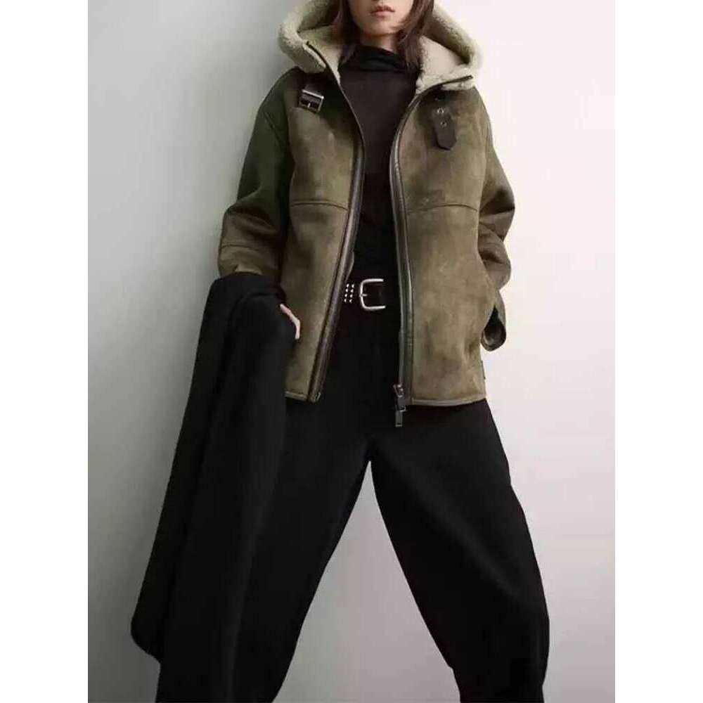 2024 autumn and winter women's new fashion all-match American motorcycle fur hooded double-sided long-sleeved jacket