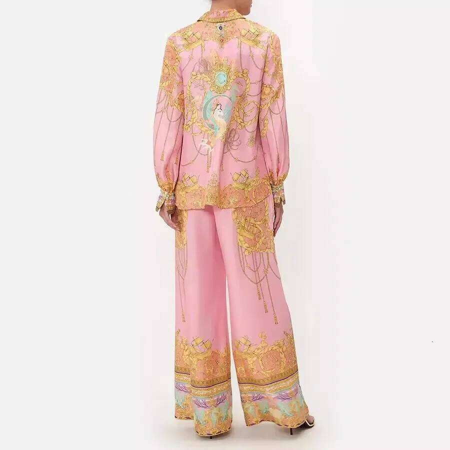 New Europe And The United States Leisure Long-Sleeved Pink Printed Shirt Trousers Two Sets Of Women