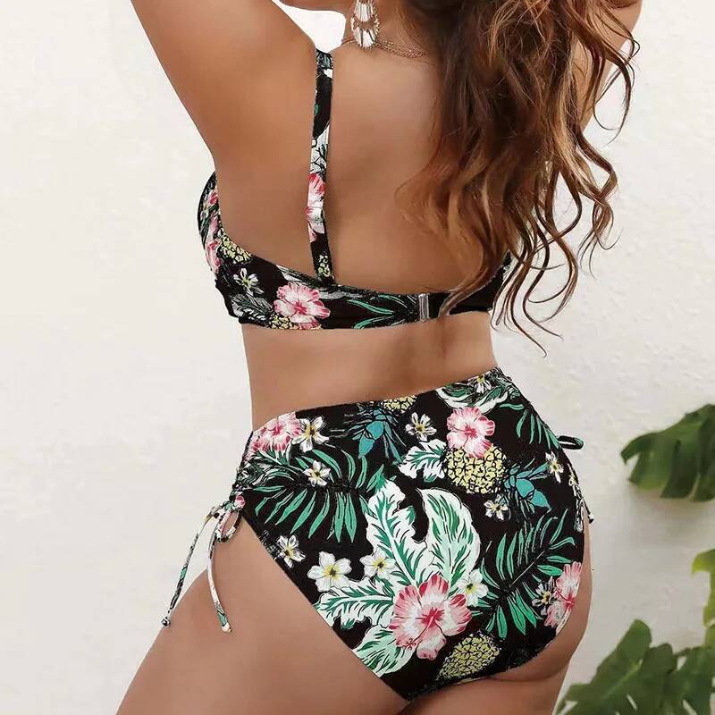 Sexy High Waist Plus Size Printed Swimsuit Women's 2025 New Deep V Swimwear Brazil Split Bikini Set