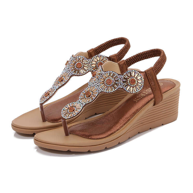 2025 Spring New Bohemian Round Toe Wedge for Women with Rhinestones Large Size Women's Sandals