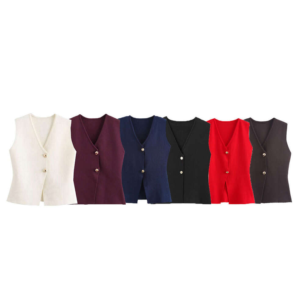 Autumn Women's Solid Color Slim Fit Gold Button Decor Knitted Vest Top B5
