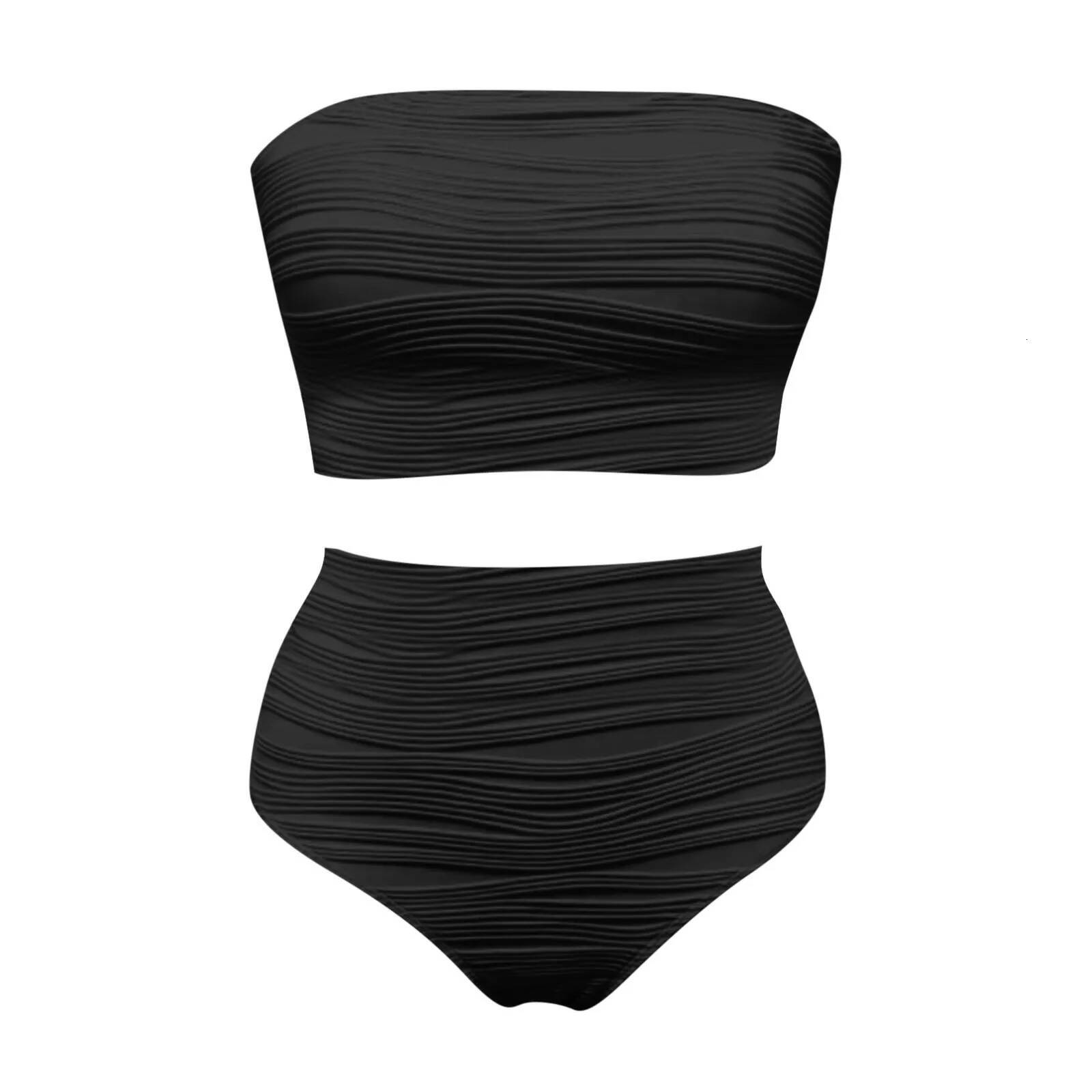 Strapless Solid Tankinis Set Ribbed Beachwear High Waist Bikini Swimsuits Bather Bathing Swimwear Women 2025