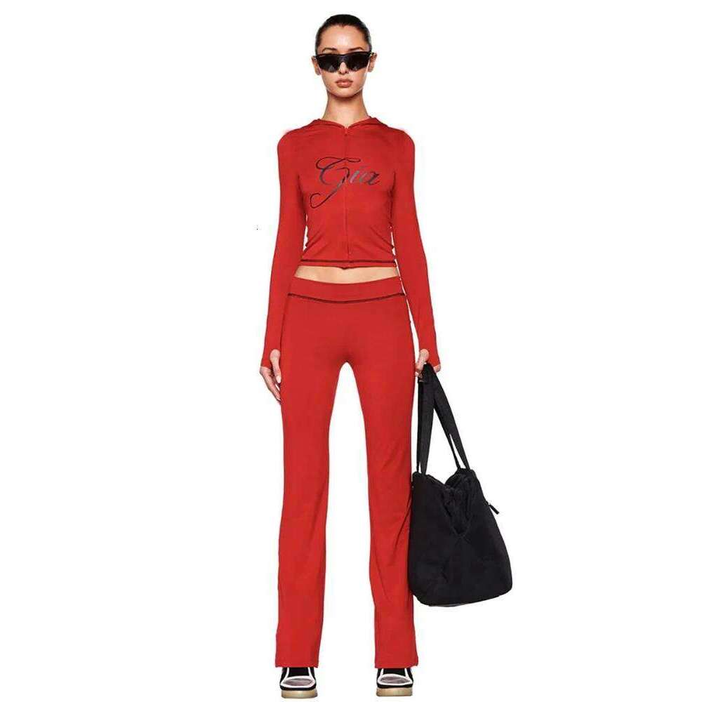 Slim shoulder monogram print bright thread design slim hooded zipper short jacket trouser suit