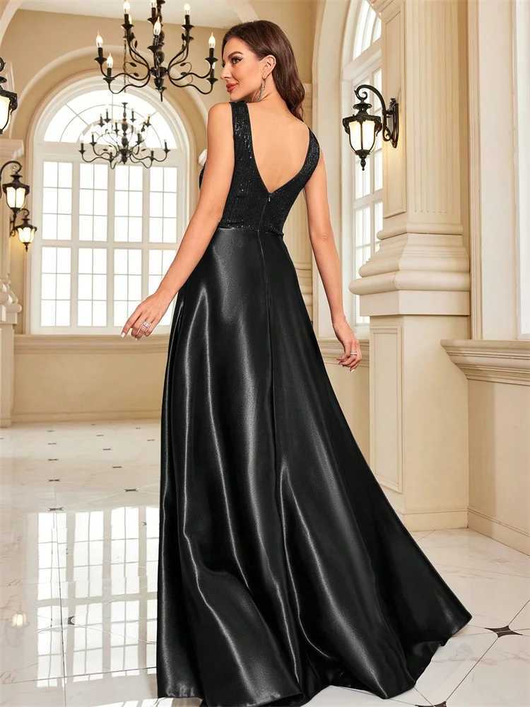 Elegant Sequins Evening Dress For Women 2024 Deep V-neck Satin Prom Party Green Dress Floor Length Blue Formal Gowns XJ250610