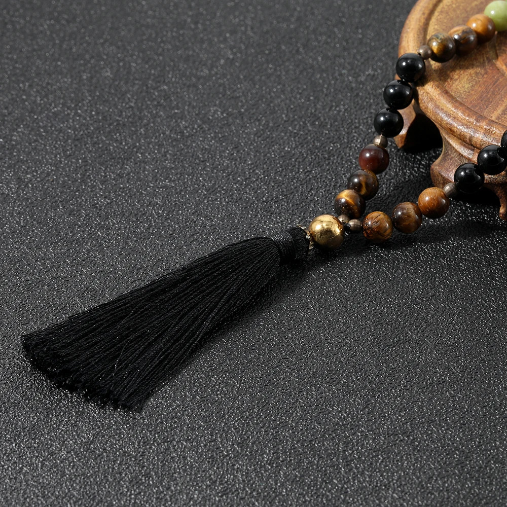 OAIITE 108 Mala Beaded Necklace 8MM Southernjade Black Onyx Japamala Blessing Meditation Buddha Head Tassel Long Chain Jewelry 250604