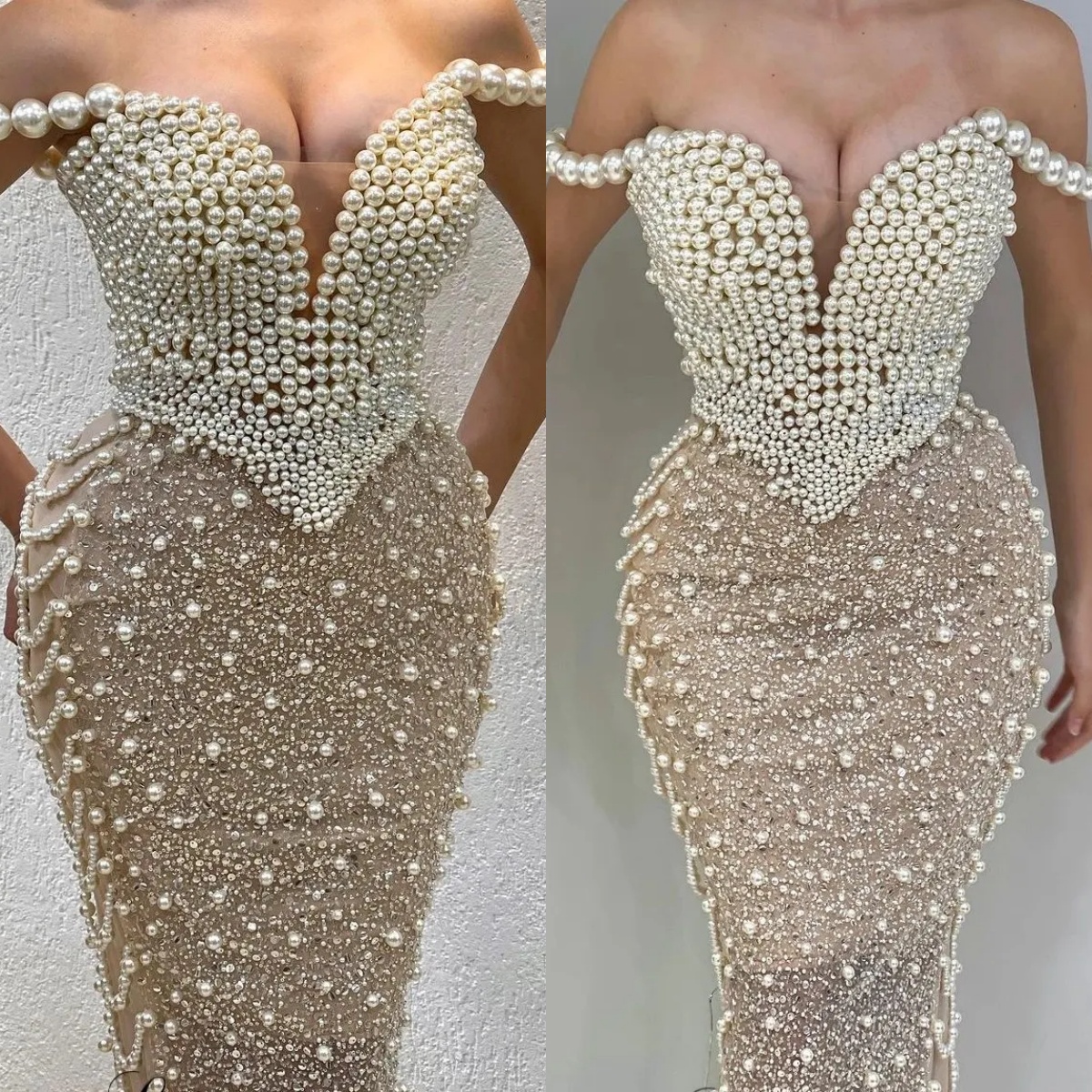 Luxury Pearls Beaded Prom Dresses Elegant Off The Shoulder Evening Dress Floor Length Sequined Celebrity Party Gown Customized