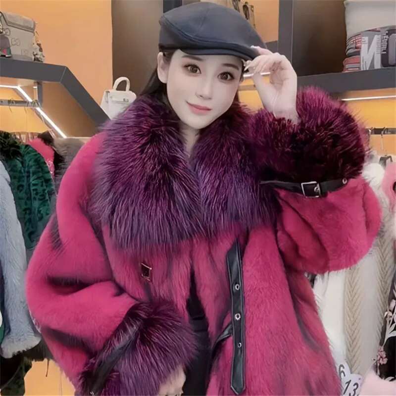 Faux Coat for Women,Single Breasted Jackets, Adjustable Waist Overcoat,Fox Fur Collar,Female Clothes, Winter,New
