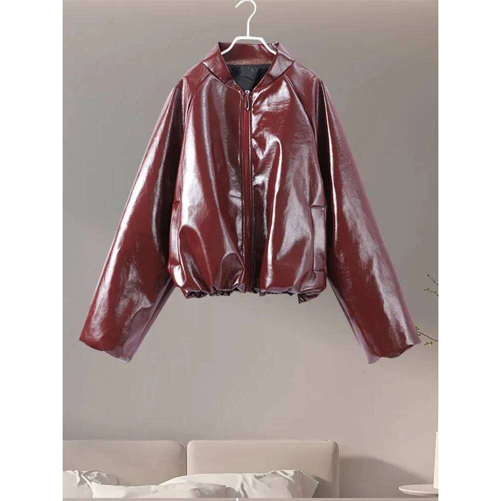 Y2k Bury Leather Bomber Jacket Women Urban Lapel Zipper Pocket Cropped Short Female Coats 2024 Lady Casual Outerwear