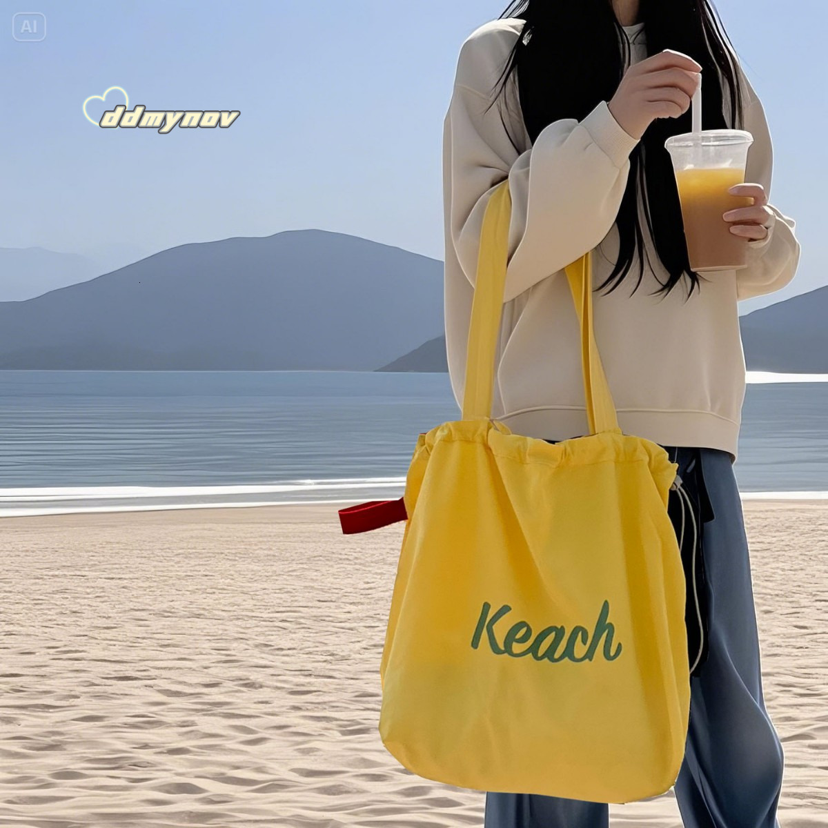 2025Korean Style New Letter Print for Women Large Capacity Nylon Shoulder Casual Versatile Portable Drawstring Tote Bag ddmynov