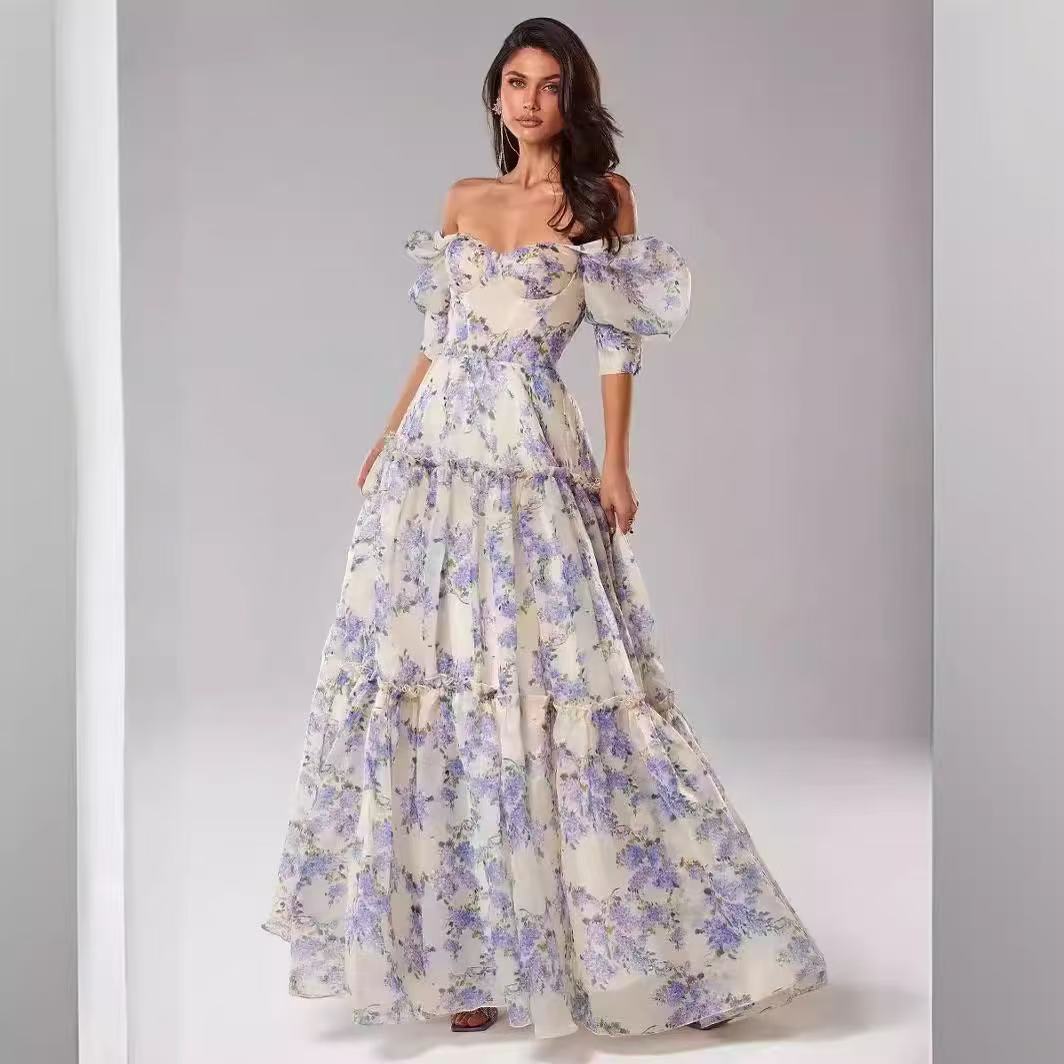 Elegant Floral Print Evening Party Dresses Women Charming A-line Off Shoulder Boat Neck Loose Short Sleeve Prom Gowns Robe Dress