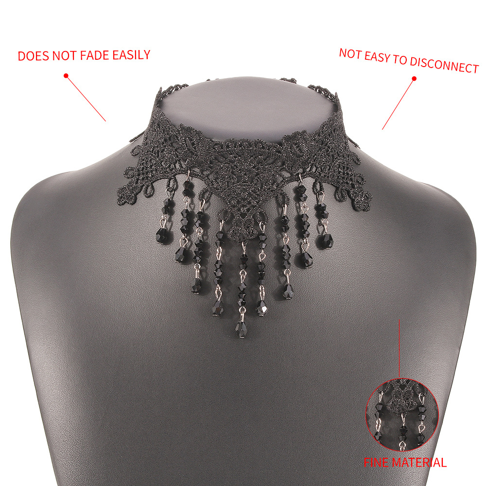Vintage Lace Choker Necklace with Faux Crystal Tassels Sexy European American Style Minimalist Neck Jewelry for Women
