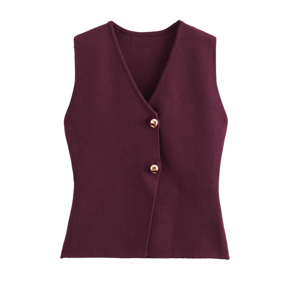 Autumn Women's Solid Color Slim Fit Gold Button Decor Knitted Vest Top B5