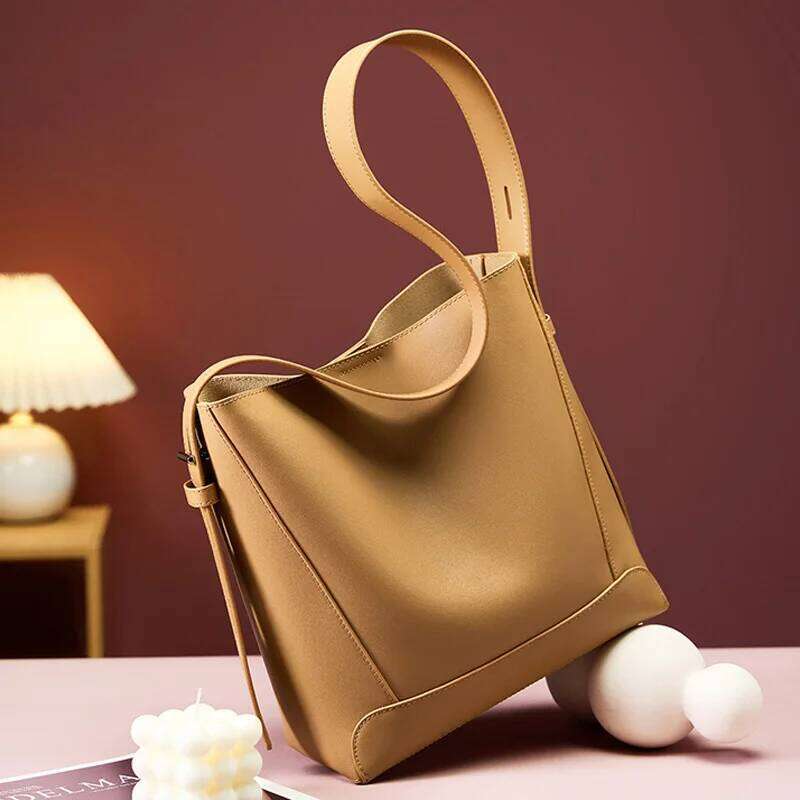 Ladies' Split Leather Bucket Female Commute Shopping Messenger Bags Adjustable Shoulder Strap Women Casual Handbag