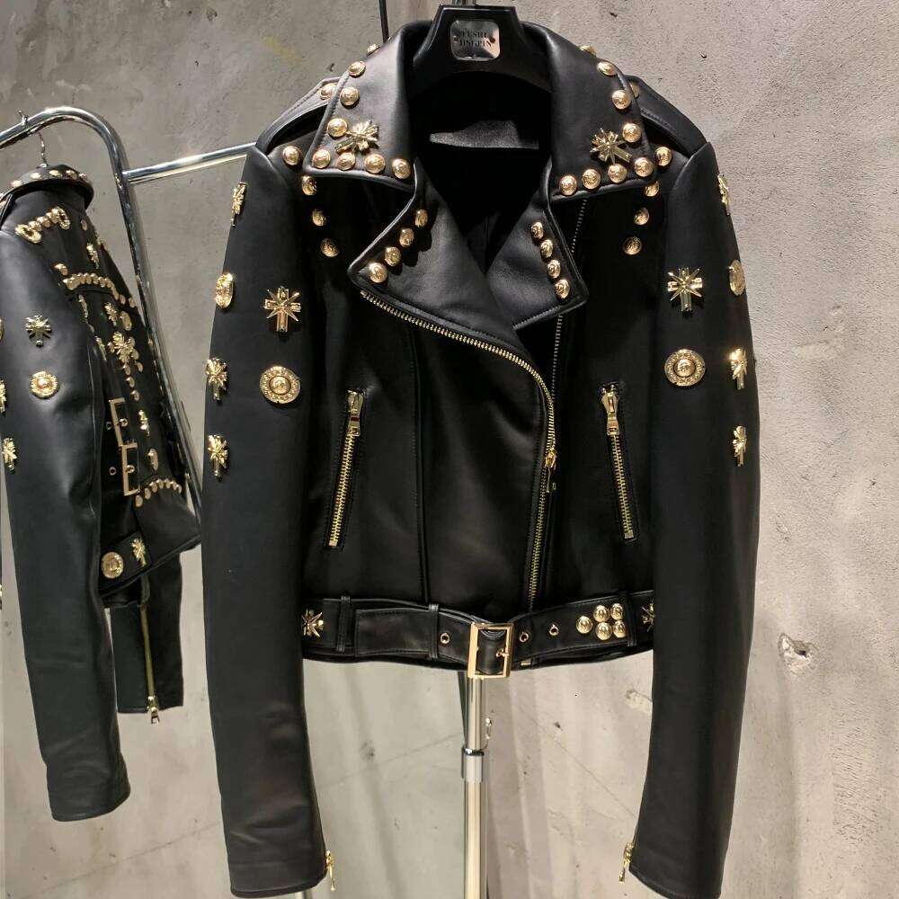 Leather Rivet High Street Ladies Autumn And Spring Fashion Wear Genuine Sheepskin Jacket 5860