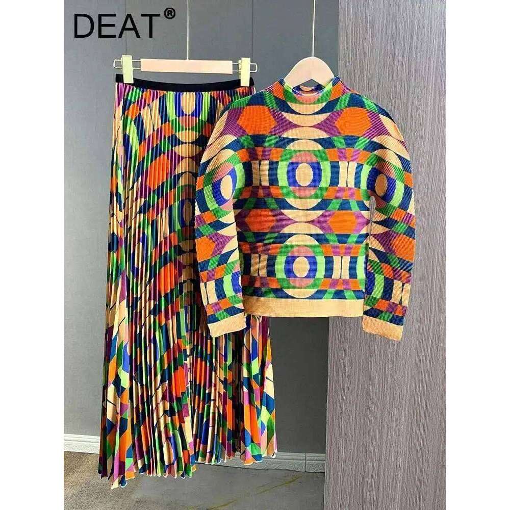 DEAT Elegant Pleated 2 Piece Set O-Neck Geometric Printing Pullover Top Elastic Waist Long Women's Suit 2024 Autumn New 15C731