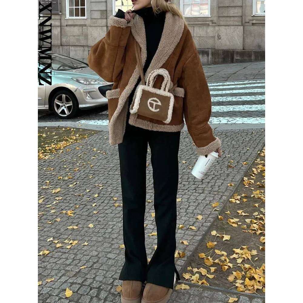 XNWMNZ Fall Winter Fashion Loose Pocket Jacket Women's Retro Suede Lamb Wool Warm Coat