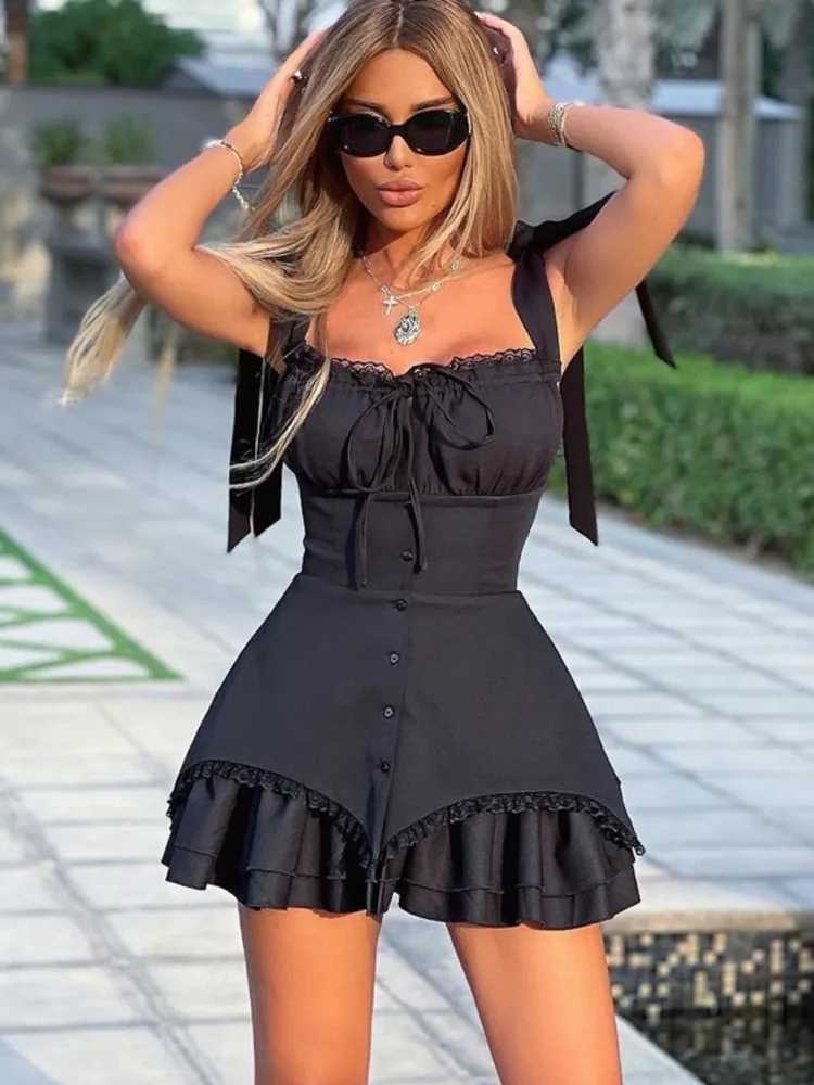 Mozision Sleeveless Ruffled Sexy Mini Dress For Women Robe Spaghetti Strap Backless Lace-up Bodycon Dress Elegant Clubwear XJ250610