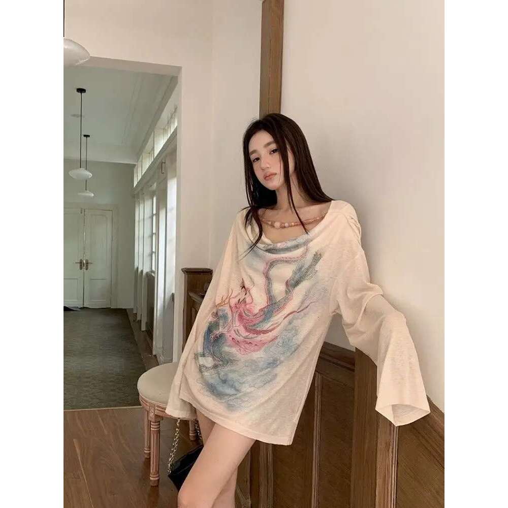 Chinese Print Swing Collar Long Sleeve Sunscreen Oversized T-Shirt Women Tops Summer New Spicy Girl Thin Loose Casual Top