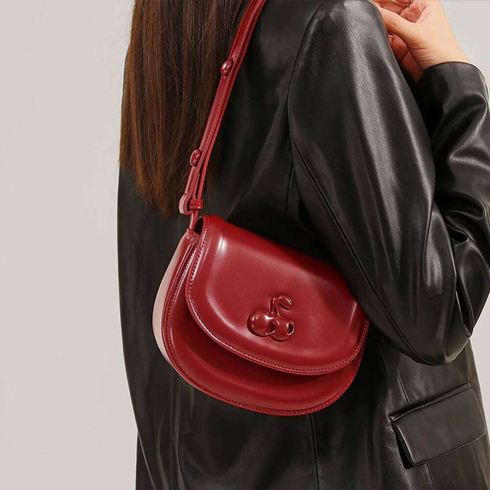 TOUTOU Women Saddle Bags Makeup Cosmetics Adjustable Strap PU Cherry Female 2024 Fashion Crossbody Handbag Tote Bag