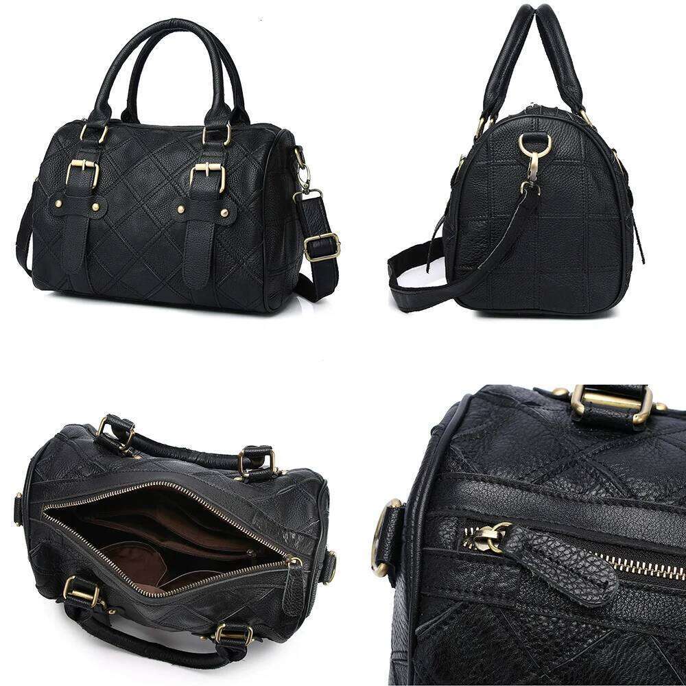Fashion Genuine Leather Patchwork Handbag Plaid Color Contrast One Shoulder Ladies Boston Women Pillow Bag