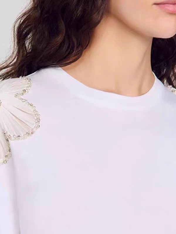Women's Round Neck White Tshirt Shoulder Beading Diamond Flower Decoration T-Shirt Simple Lady Short Sleeve Tee Top