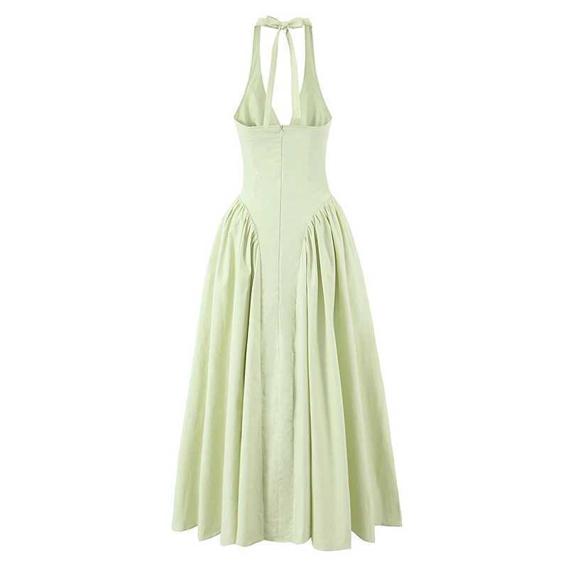 YENKYE Sexy Backless Green Elegant Halter Dress For Women Low Waist A-line Midi Summer Evening Party Dresses Cotton Robe XJ250610