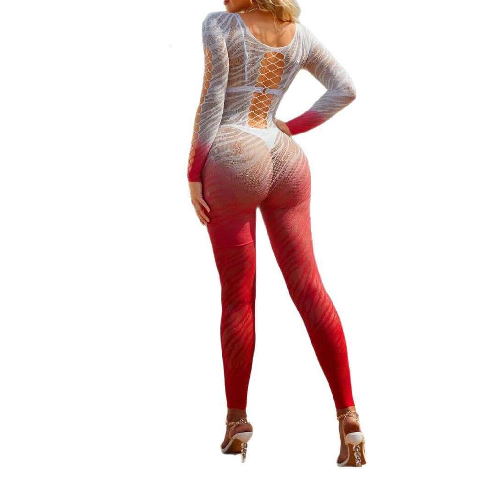 Spell Lingerie Porn Suits Gradient White Sexy Sleeveless Mesh Dress Passionate Sheer Rainbow Jumpsuit Hollow Out Fun Round Neck Set Sexy Lingerie