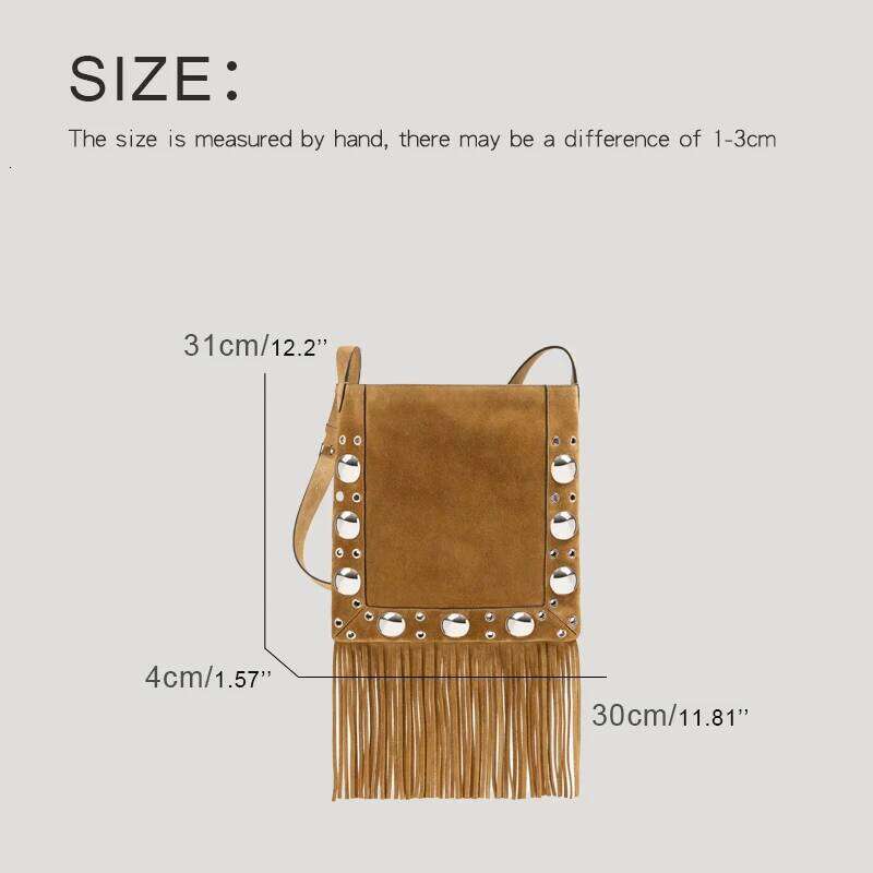 Vintage Faux Suede Messenger Bags For Women Designer Handbag Purses 2024 New In Rivet Trim Tassel Small Underarm Shoulder