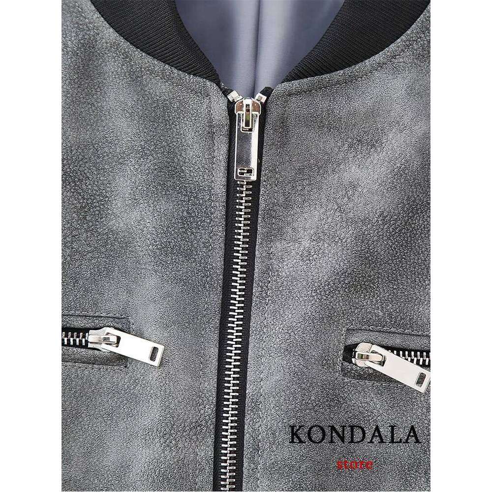 KONDALA Chic Solid Gray Faux Leather Streetweat Long Sleeve Zipper Jacket Fashion 2023 Autumn Casual Cool Y2K Pockets Outwear