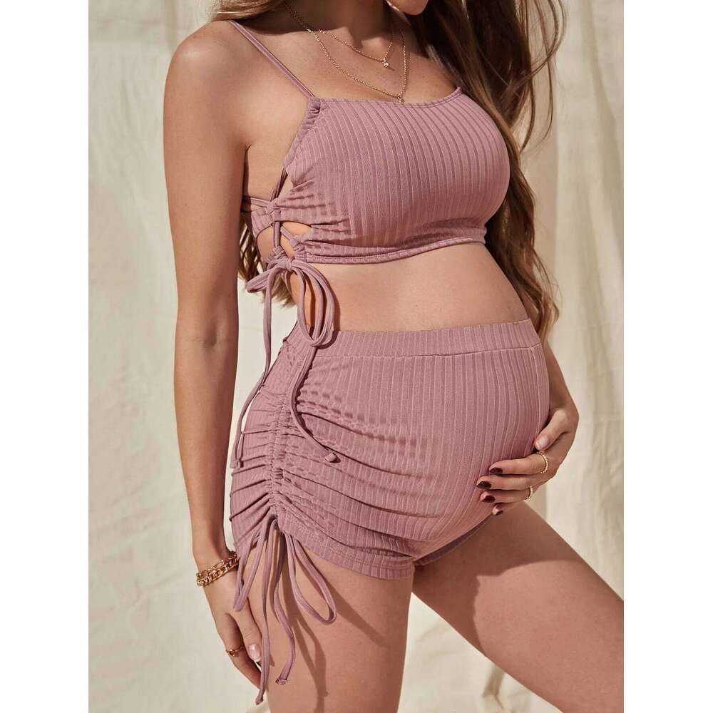 Maternity Bikini Wear For Pregnant Women Hollow Swimsuits Pregnancy One Piece Side Drawstring Bathing Suit Premama Swimwears