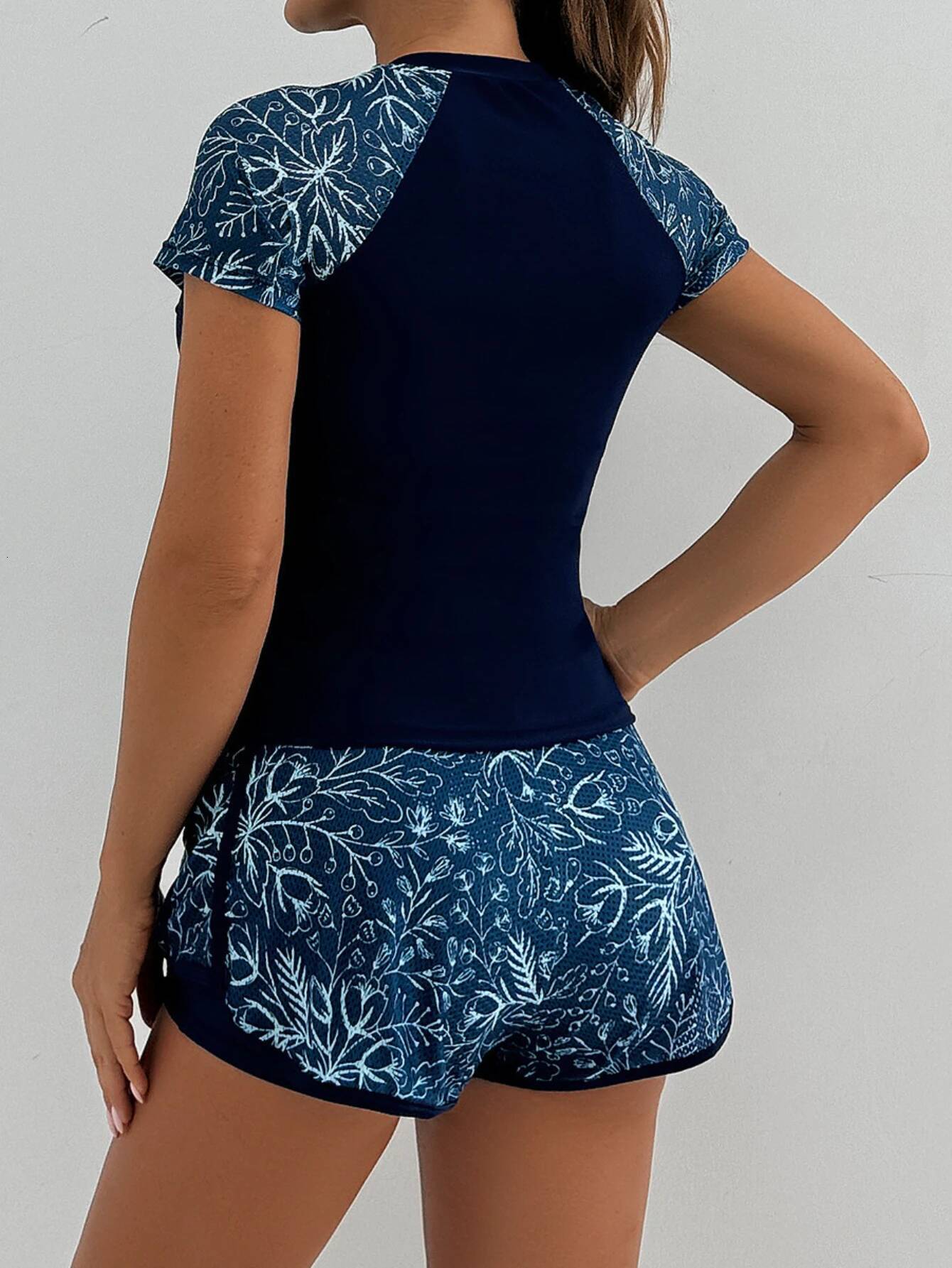 Sports for Women 2 Piece Swimsuit High Waist Tankini Short Sleeve Round Neck Patchwork Bikini Set Swimwear 2025 New