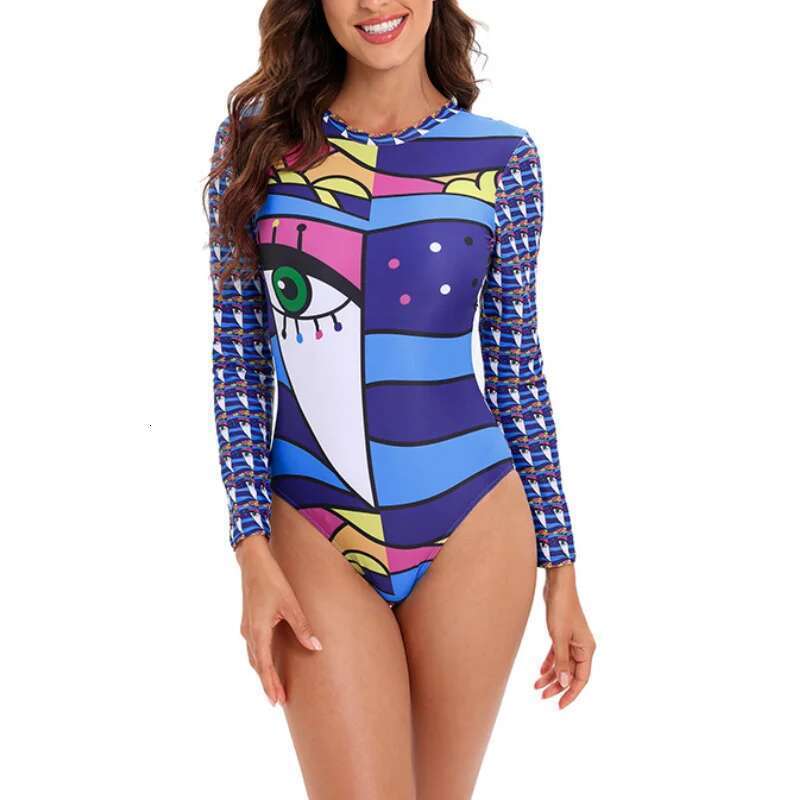 Summer One Piece Swimsuit Personalized Abstract Printed Surfing Sport Long Sleeves Swimwear For Women Bathing Suit