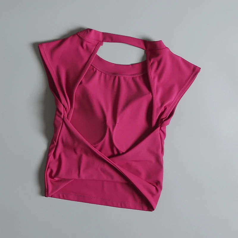 Womens Yoga Sports Vest Sexy Halter Short Sleeve T-Shirt Fixed Chest Pad Breathable Reversible Waist Slimming Fitness Clothing 250609