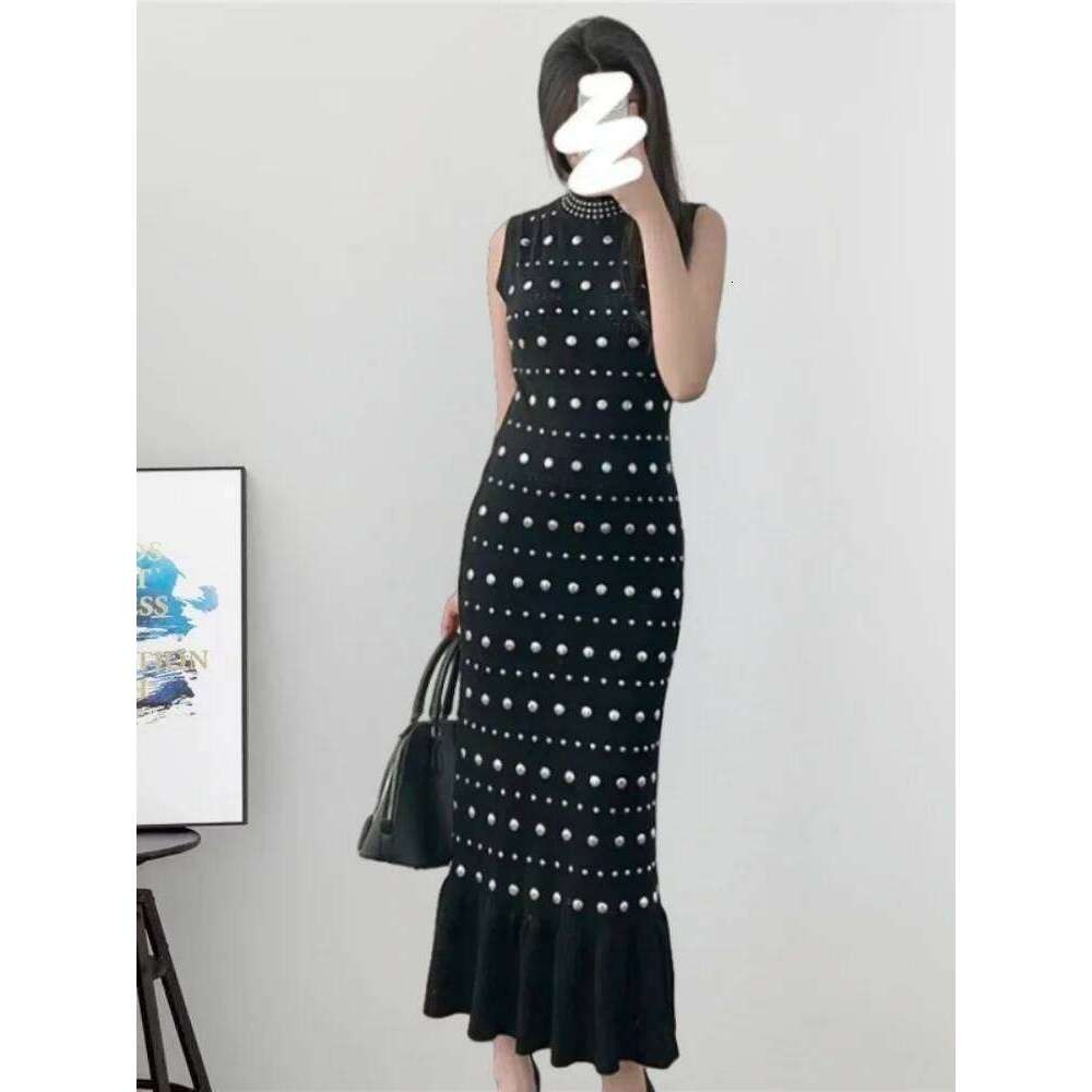 HMA New Spring French Elegant Long Dress Women's Sequined Ice Silk Knitted Sleeveless Slim Summer Dresses
