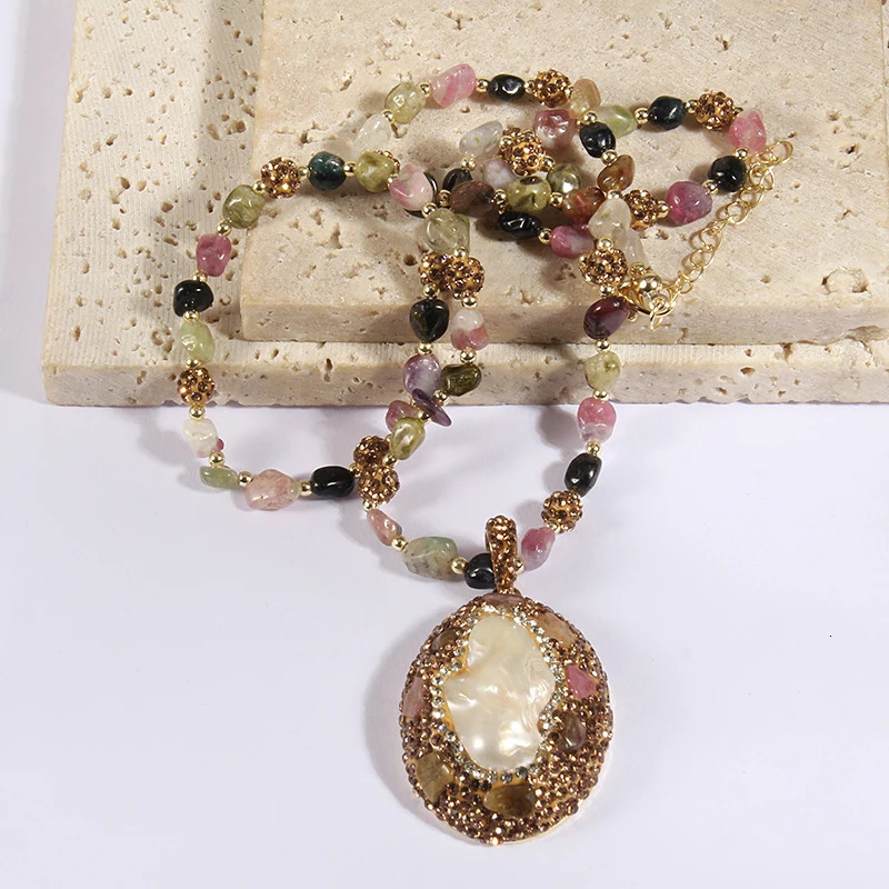 Fashion Bohemian Jewelry Accessory Multicolor Tourmaline stone and Crystal Baroque Pearl Pendant Necklaces For Women 250604