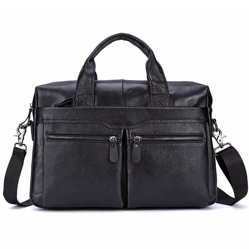 Black Men Genuine Leather Handbags Large Leather 14 Laptop Messenger Bags Business Mens Travel Bags Shoulder Bags Briefcase W250610