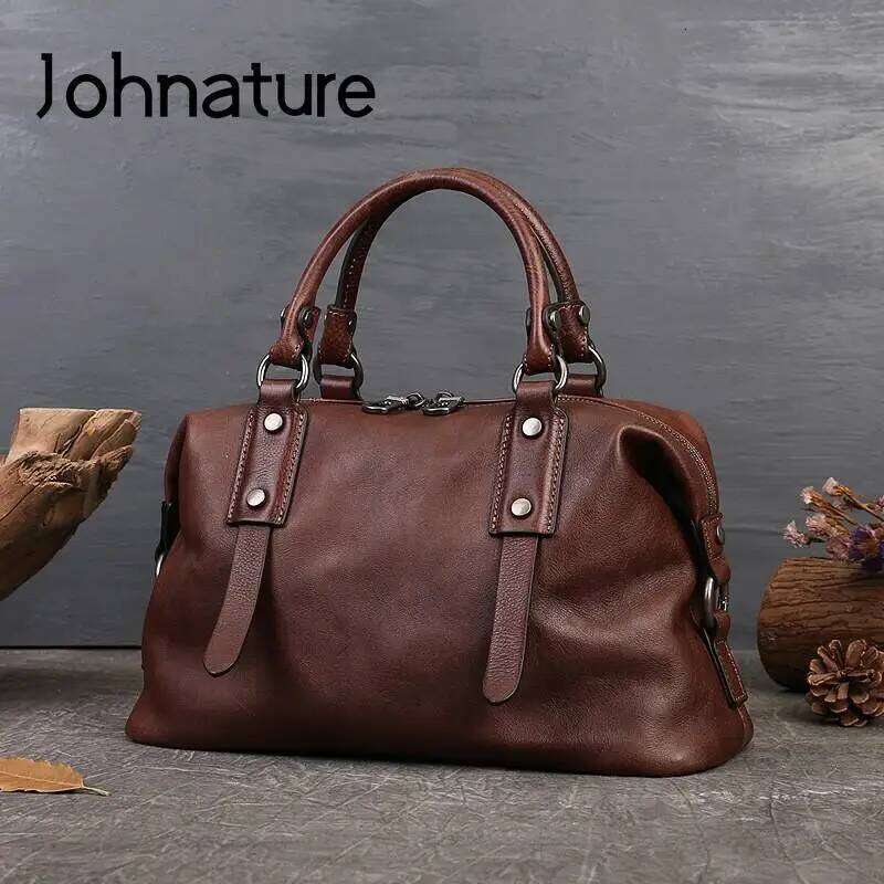 Johnature Genuine Leather Casual Tote 2025 New Vintage Large Capacity Women Bag Soft Real Cowhide Business Handbag Shoulder Bags