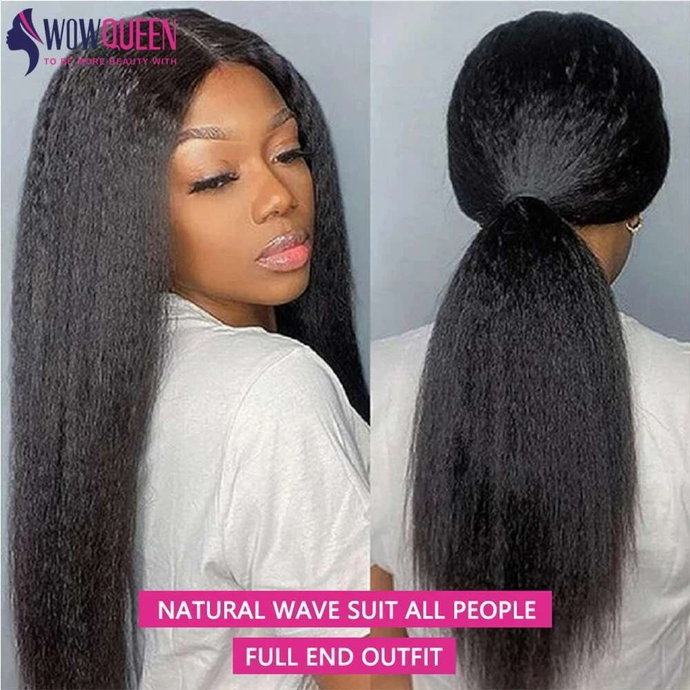 Glueless Ready To Wear Yaki Lace Front Kinky Straight Human Hair Wigs 180 Density 4x4 Closure Wig