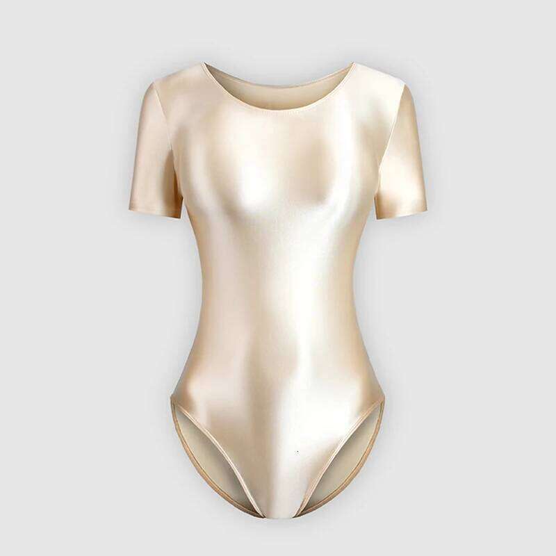sexy women silky glossy one-piece japanese swimsuit oily tights shapewear Shiny short sleeve bodysuit Men's bathing suits
