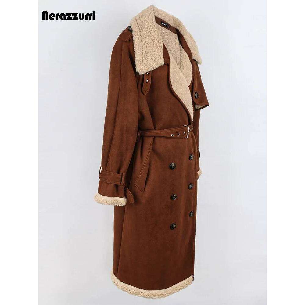 Nerazzurri Winter Long Brown Loose Stylish Cool Thickened Warm Soft Lamb Shearling Coat Women Faux Suede Sheepskin Overcoat 2022